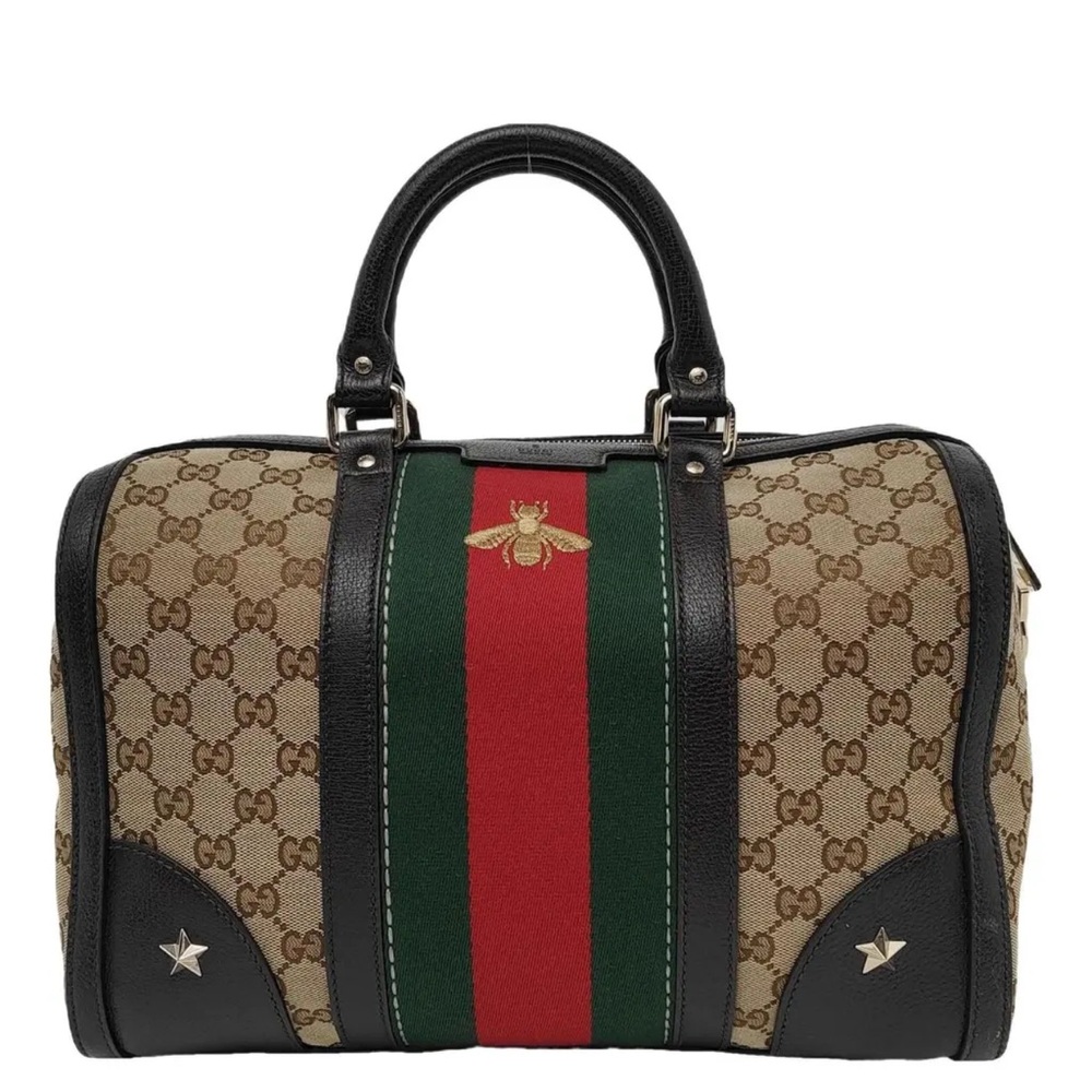 Gucci Beige and Black Tote Bag with Red and Green Stripe
